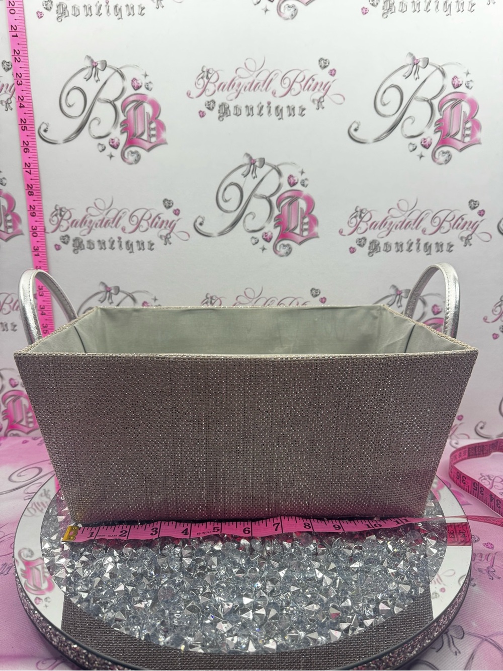 Storage bin sparkly Glittered Silver Fabric Storage Basket silver